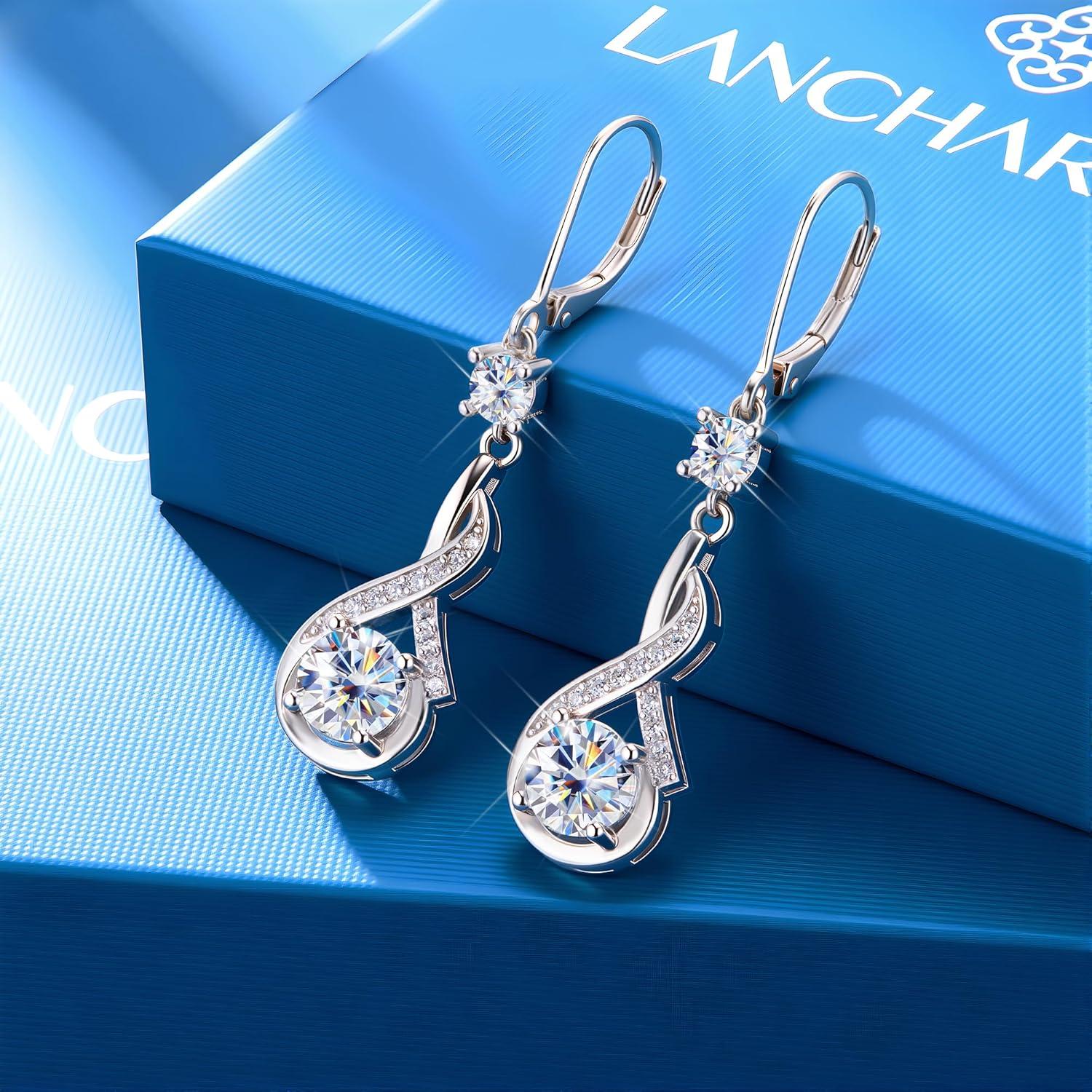 Moissanite Dangle Earrings for Women Sterling Silver Moissanite Dangle Earrings 2.6ct D Color Cut Lab Created Leverback Sterling Silver Drop Earring for Women Jewelry Gifts(Silver)