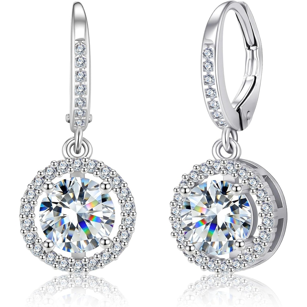 Moissanite Dangle Earrings, Hypoallergenic 925 Sterling Silver Dangle Earrings 2.0ct (1.0ct*2) Round Cut Lab Created D Color Moissanite Gold Hoop Drop Earring for Women Lady(A1-Silver_2.0CT(1ct*2))