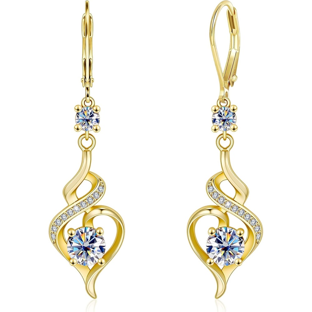 2.6CT Moissanite Dangle Earrings for Women, 14K Gold Plated French Hook Twisted Heart Drop Earrings with GRA Certificate, Silver Long Dangle Leverback Earring Jewelry Gifts in Box(Gold)