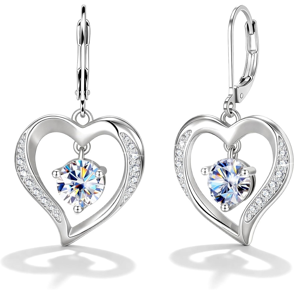 Moissanite Drop Earrings for Women Heart Diamond Dangle Earrings Gifts | 14K Gold /Silver Plated Trendy Hypoallergenic Heart Dangly Earrings, 2ct D VVS1 Round Moissanite, Jewelry Gift Box(Silver 2.0ct(1ct*2))