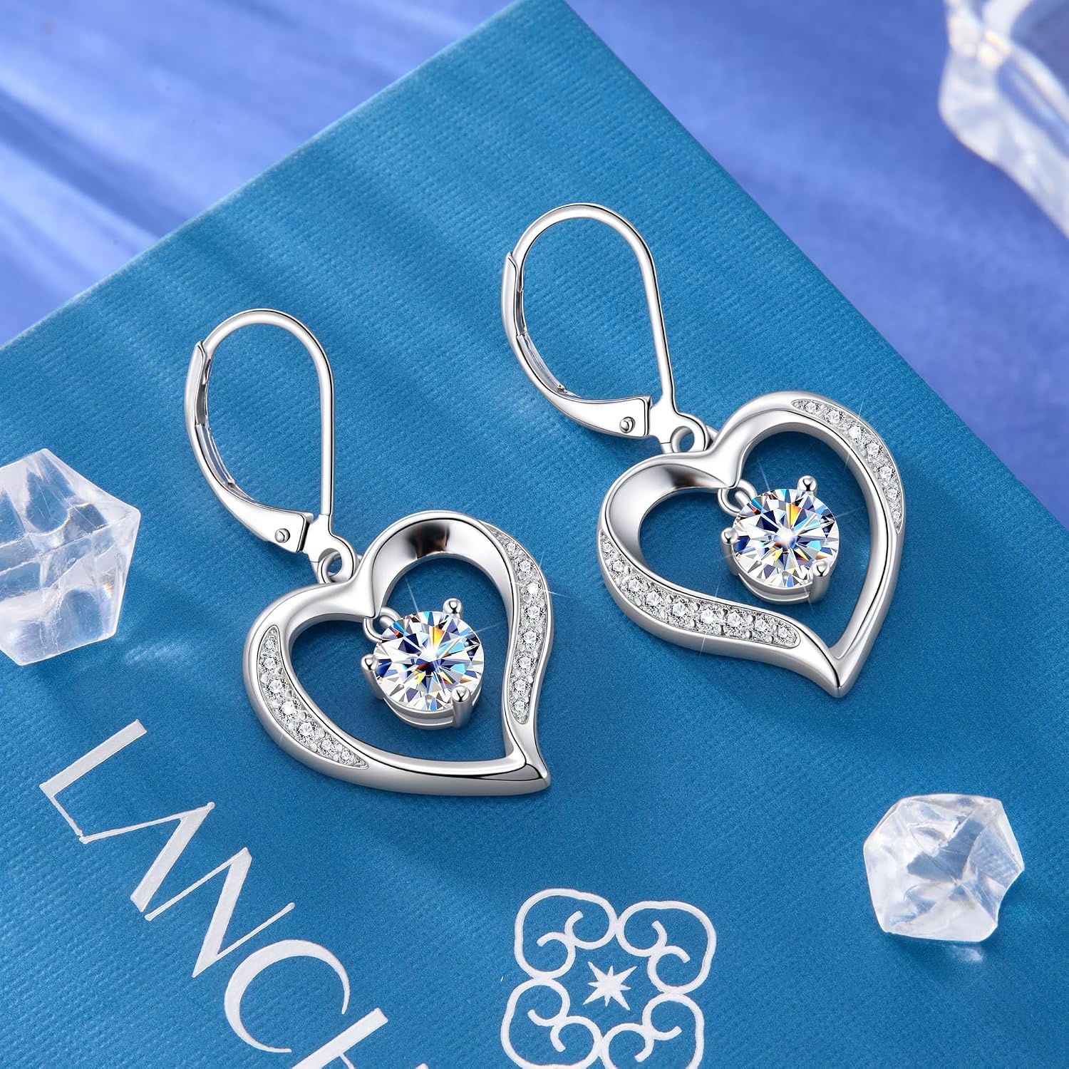 Moissanite Drop Earrings for Women Heart Diamond Dangle Earrings Gifts | 14K Gold /Silver Plated Trendy Hypoallergenic Heart Dangly Earrings, 2ct D VVS1 Round Moissanite, Jewelry Gift Box(Silver 2.0ct(1ct*2))