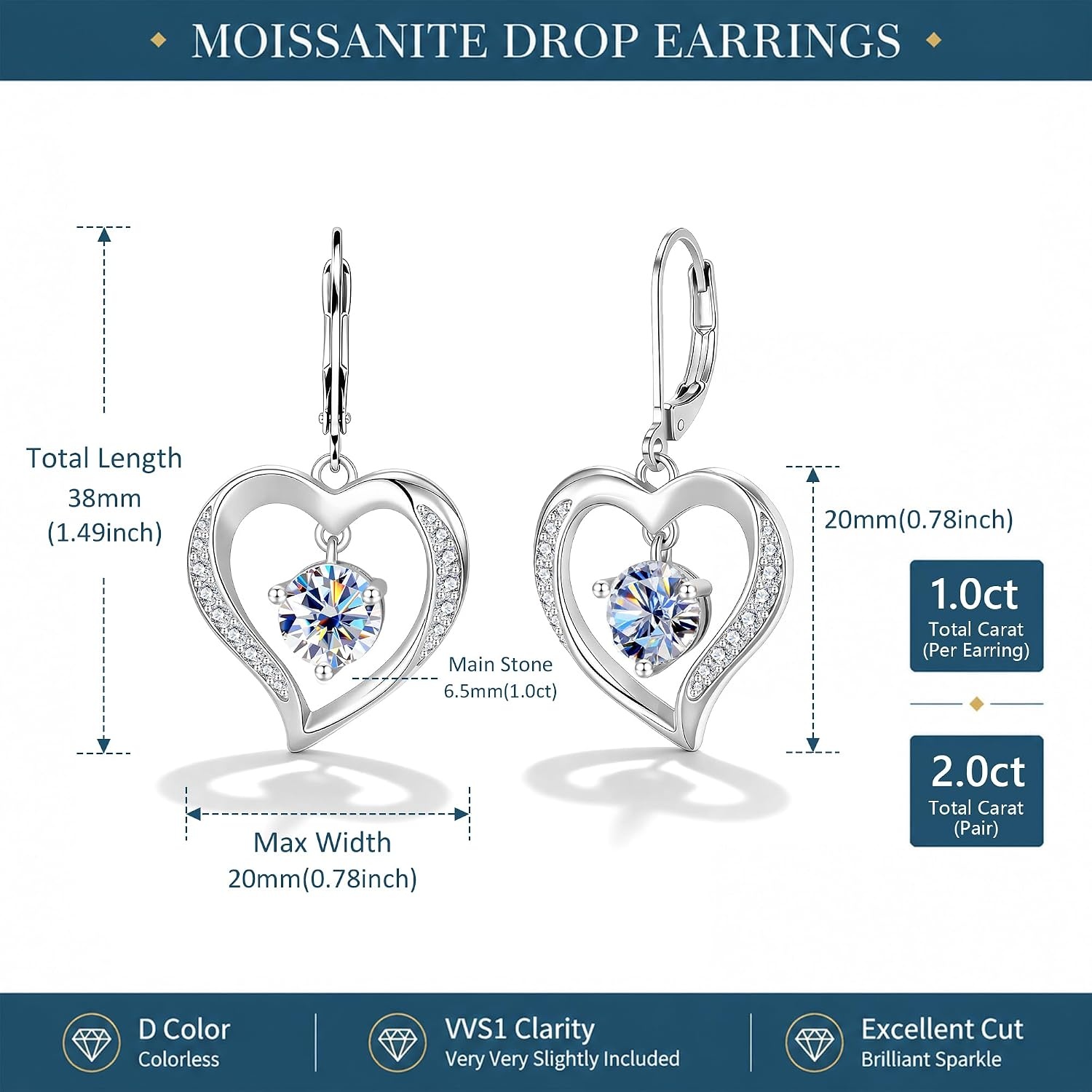 Moissanite Drop Earrings for Women Heart Diamond Dangle Earrings Gifts | 14K Gold /Silver Plated Trendy Hypoallergenic Heart Dangly Earrings, 2ct D VVS1 Round Moissanite, Jewelry Gift Box(Silver 2.0ct(1ct*2))