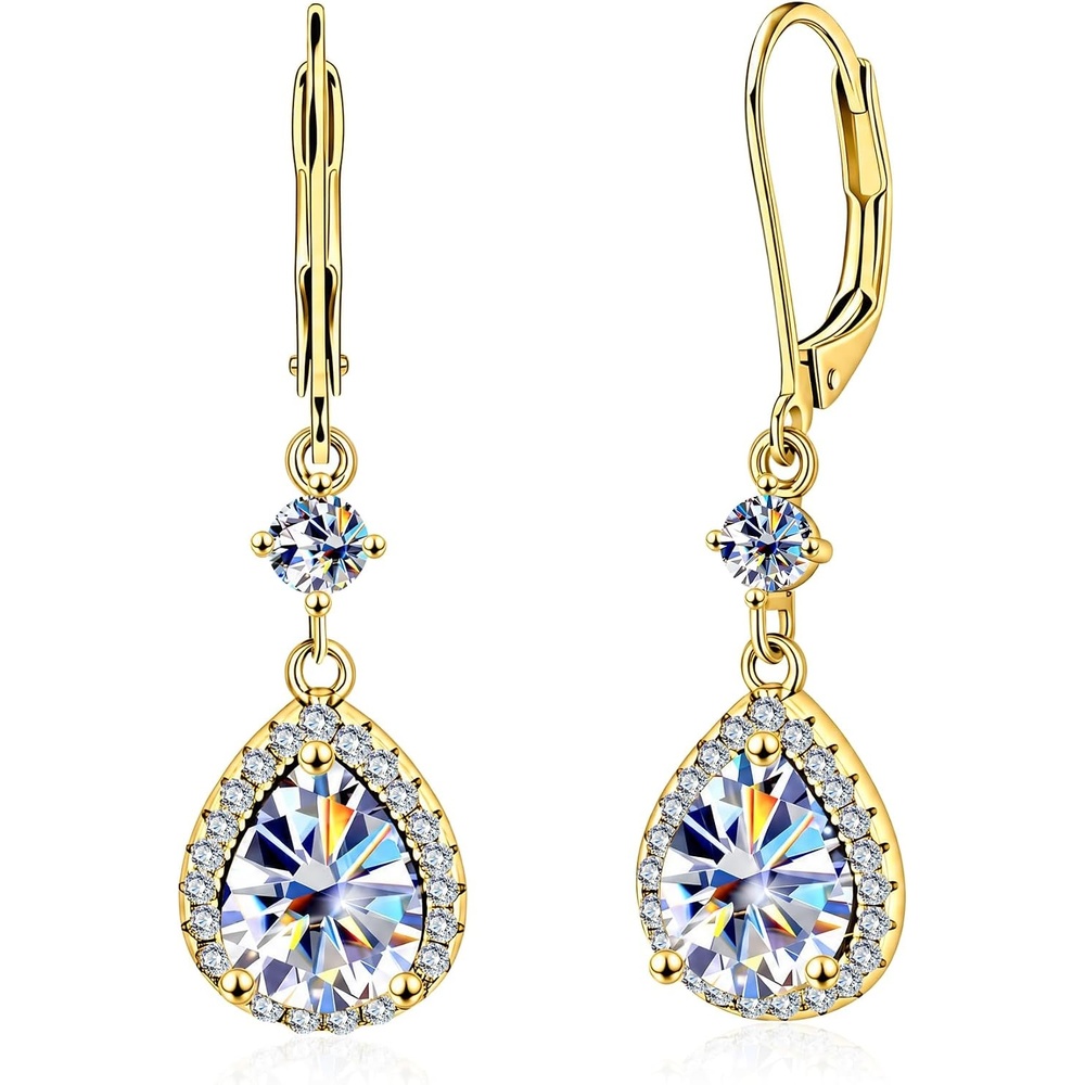 2.7ct Moissanite Earrings for Women, Silver Teardrop Dangle Earrings, Gold Leverback Hypoallergenic D Color Brilliant Lab Created Moissanite Drop Earring for Women Trendy Jewelry Gifts(Gold 2.7ct((1.25+0.1ct)*2))