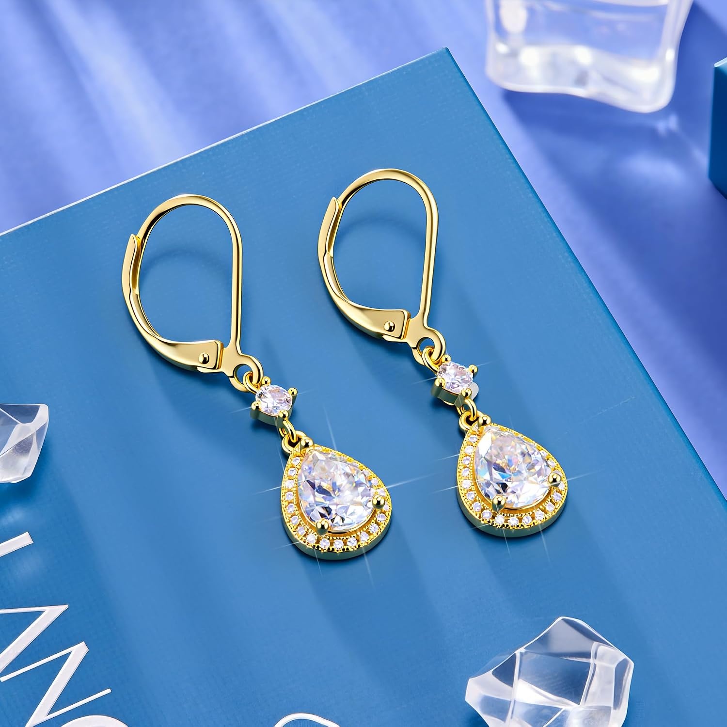 2.7ct Moissanite Earrings for Women, Silver Teardrop Dangle Earrings, Gold Leverback Hypoallergenic D Color Brilliant Lab Created Moissanite Drop Earring for Women Trendy Jewelry Gifts(Gold 2.7ct((1.25+0.1ct)*2))
