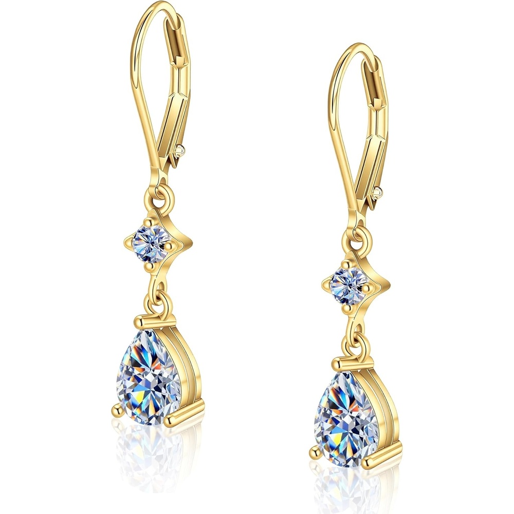 1.2ct Monissanite Dangle Earrings for Women D Color Lab Created Moissanite Teardrop Dangle Drop Earrings Hypoallergenic French Leverback Earings(Gold-1.2ct)