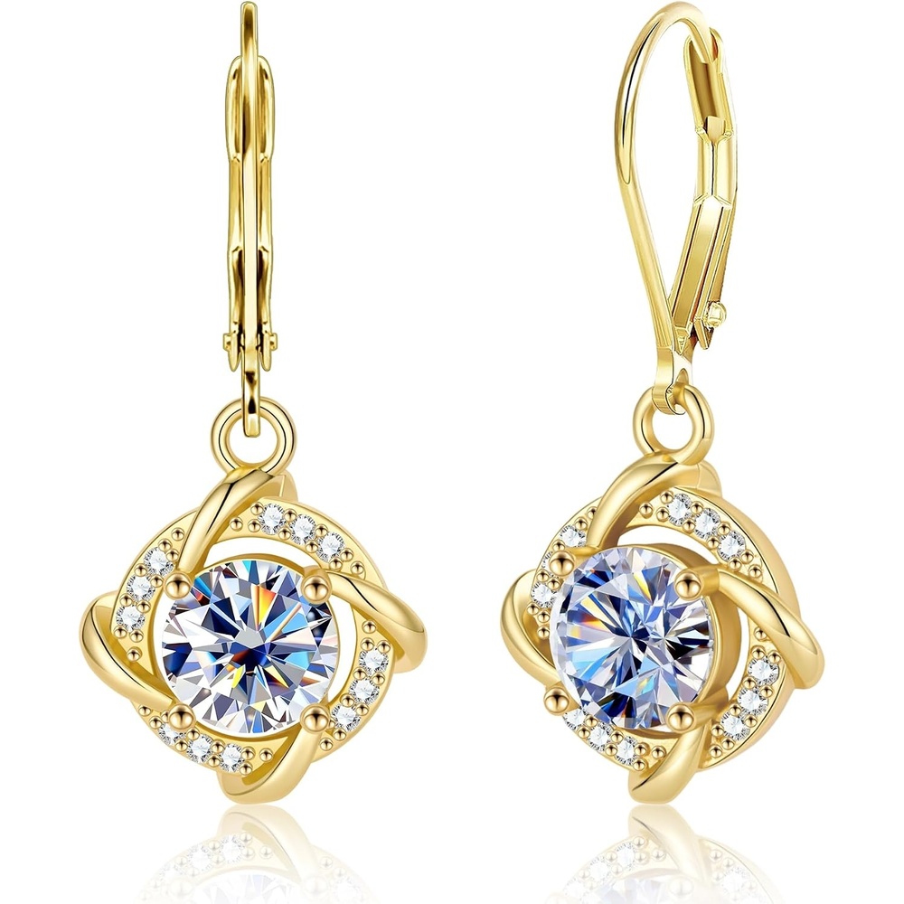 Moissanite Drop Earrings for Women Moissanite Dangle Earrings, 2ct | VVS1 Moissanite Leverback Hypoallergenic D Color Round Cut Lab Grown Created Diamond Dangly Dangling Trendy Jewelry Gifts(Gold 2.0ct(1ct*2))