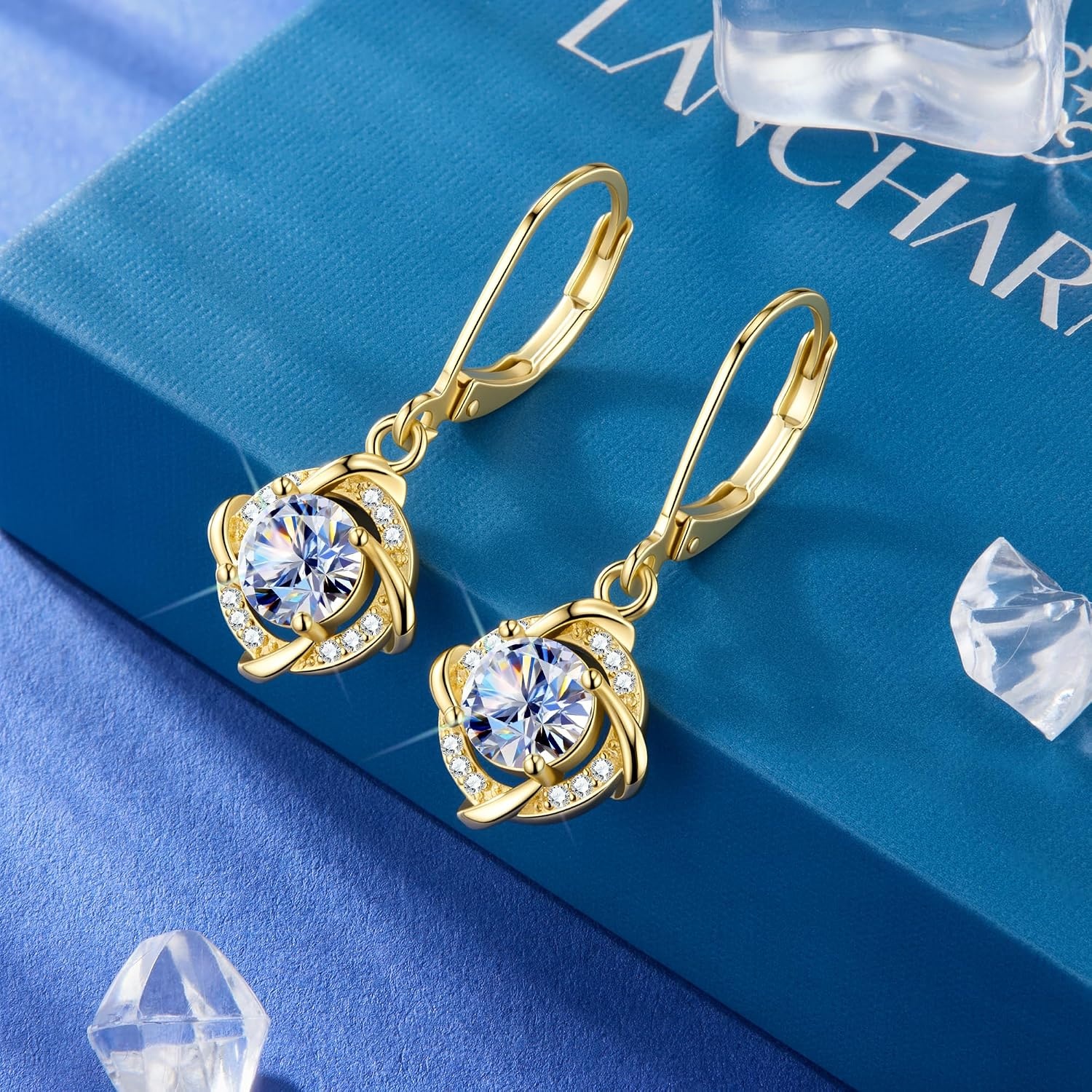 Moissanite Drop Earrings for Women Moissanite Dangle Earrings, 2ct | VVS1 Moissanite Leverback Hypoallergenic D Color Round Cut Lab Grown Created Diamond Dangly Dangling Trendy Jewelry Gifts(Gold 2.0ct(1ct*2))
