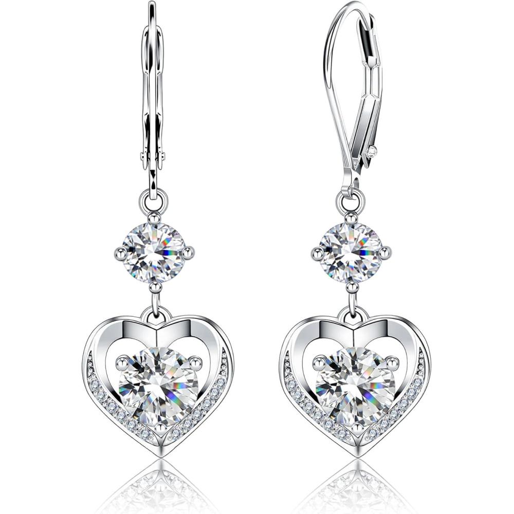 Moissanite Earrings, 3.0ct D Color Brilliant Round Cut Moissanite Heart Dangle Earrings White Gold Plated 925 Sterling Silver Heart Drop Leverback Earring for Women(Silver 3.0 ct {(1+0.5ct)*2)})