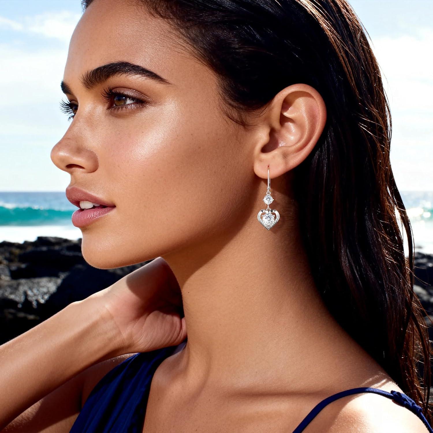 Moissanite Earrings, 3.0ct D Color Brilliant Round Cut Moissanite Heart Dangle Earrings White Gold Plated 925 Sterling Silver Heart Drop Leverback Earring for Women(Silver 3.0 ct {(1+0.5ct)*2)})