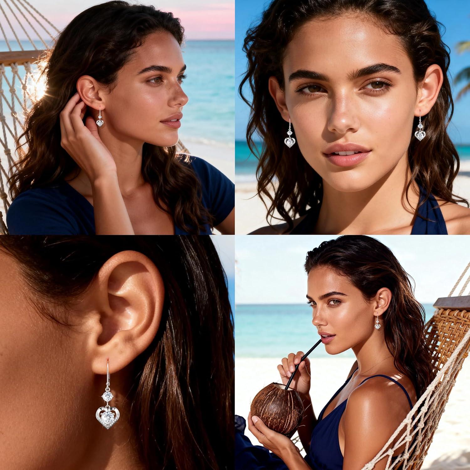 Moissanite Earrings, 3.0ct D Color Brilliant Round Cut Moissanite Heart Dangle Earrings White Gold Plated 925 Sterling Silver Heart Drop Leverback Earring for Women(Silver 3.0 ct {(1+0.5ct)*2)})