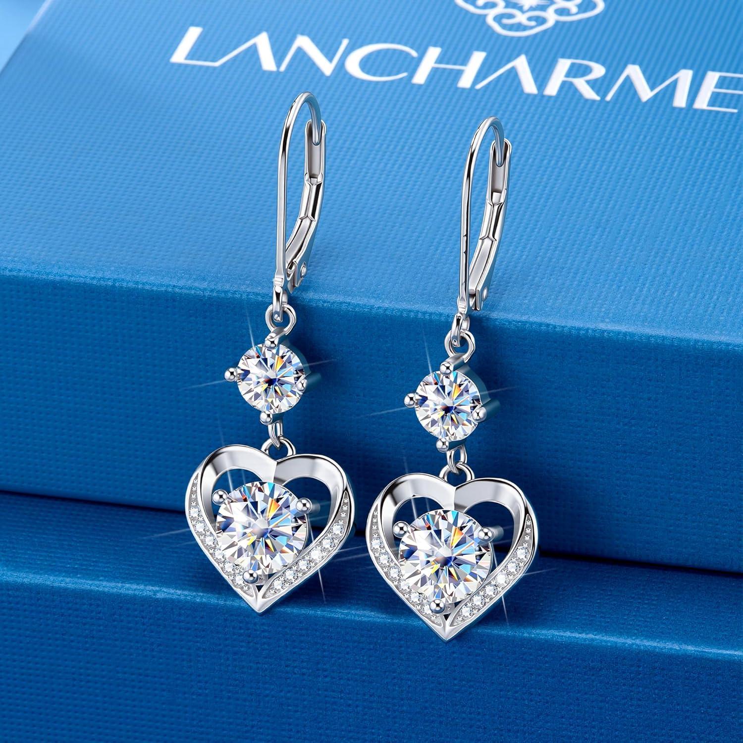 Moissanite Earrings, 3.0ct D Color Brilliant Round Cut Moissanite Heart Dangle Earrings White Gold Plated 925 Sterling Silver Heart Drop Leverback Earring for Women(Silver 3.0 ct {(1+0.5ct)*2)})