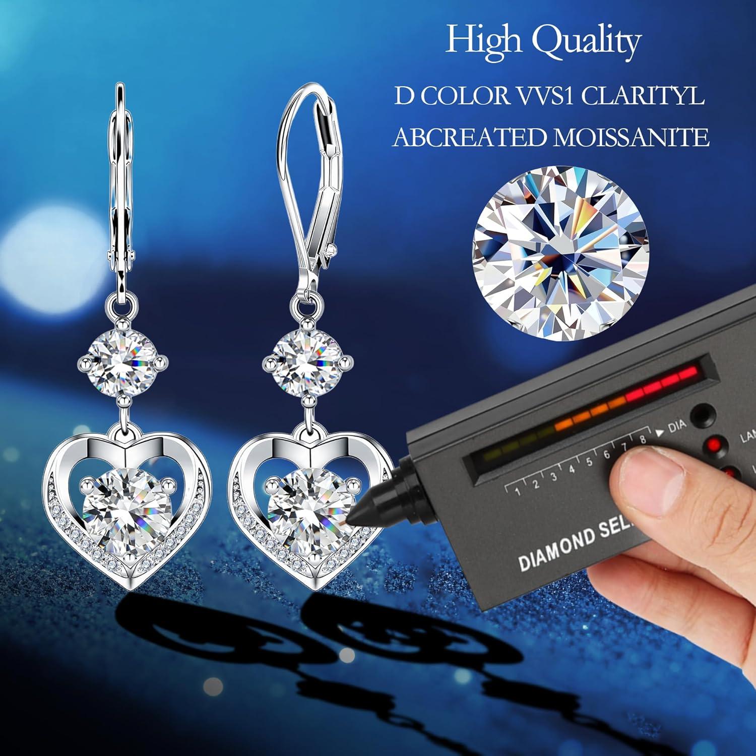 Moissanite Earrings, 3.0ct D Color Brilliant Round Cut Moissanite Heart Dangle Earrings White Gold Plated 925 Sterling Silver Heart Drop Leverback Earring for Women(Silver 3.0 ct {(1+0.5ct)*2)})