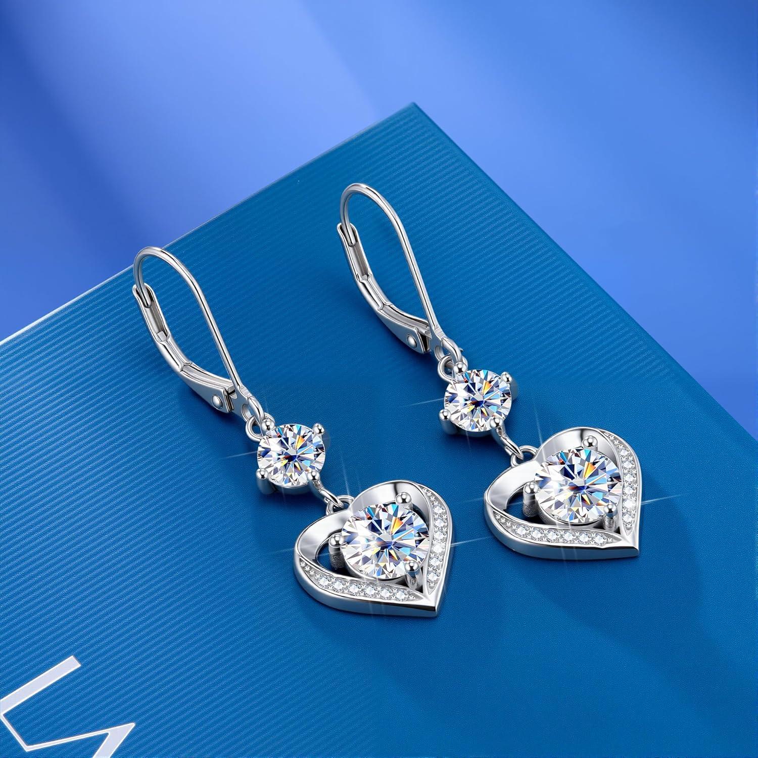 Moissanite Earrings, 3.0ct D Color Brilliant Round Cut Moissanite Heart Dangle Earrings White Gold Plated 925 Sterling Silver Heart Drop Leverback Earring for Women(Silver 3.0 ct {(1+0.5ct)*2)})