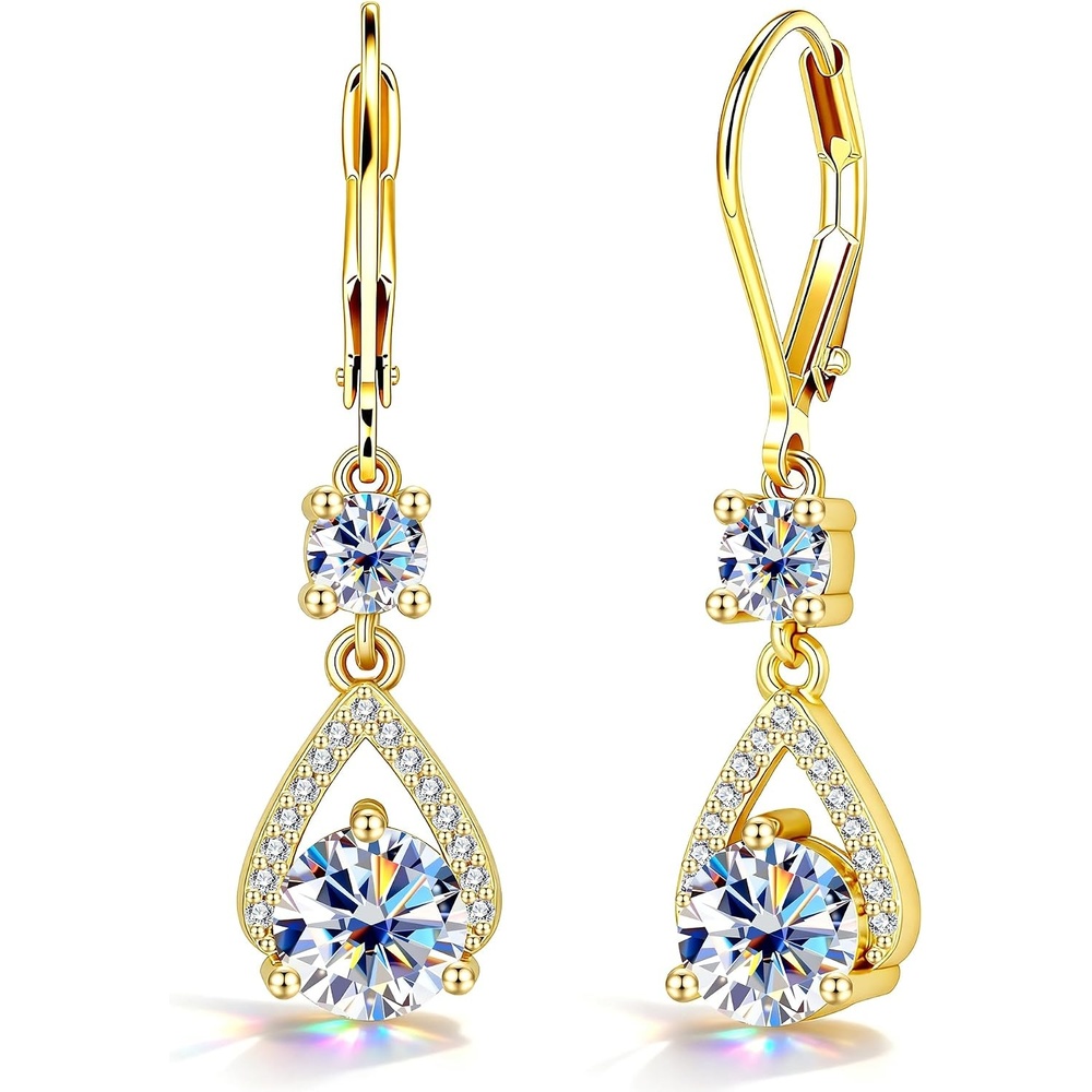 2ct Moissanite Dangle Earrings for Women Trendy Moissanite Drop Earrings | VVS1 D Color Lab Created Round Cut Moissanite Silver Drop Earrings Hypoallergenic French Leverback(Gold-1ct x 2)
