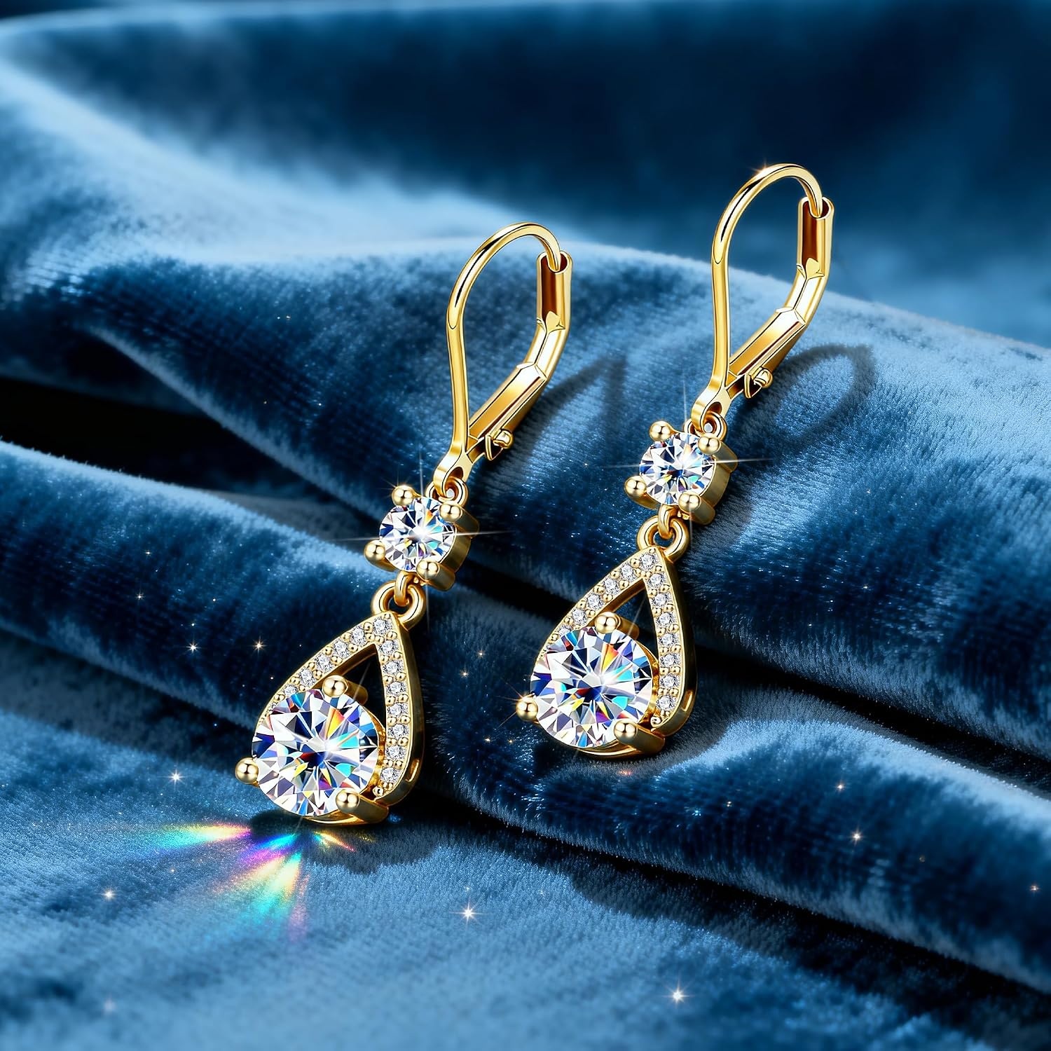2ct Moissanite Dangle Earrings for Women Trendy Moissanite Drop Earrings | VVS1 D Color Lab Created Round Cut Moissanite Silver Drop Earrings Hypoallergenic French Leverback(Gold-1ct x 2)