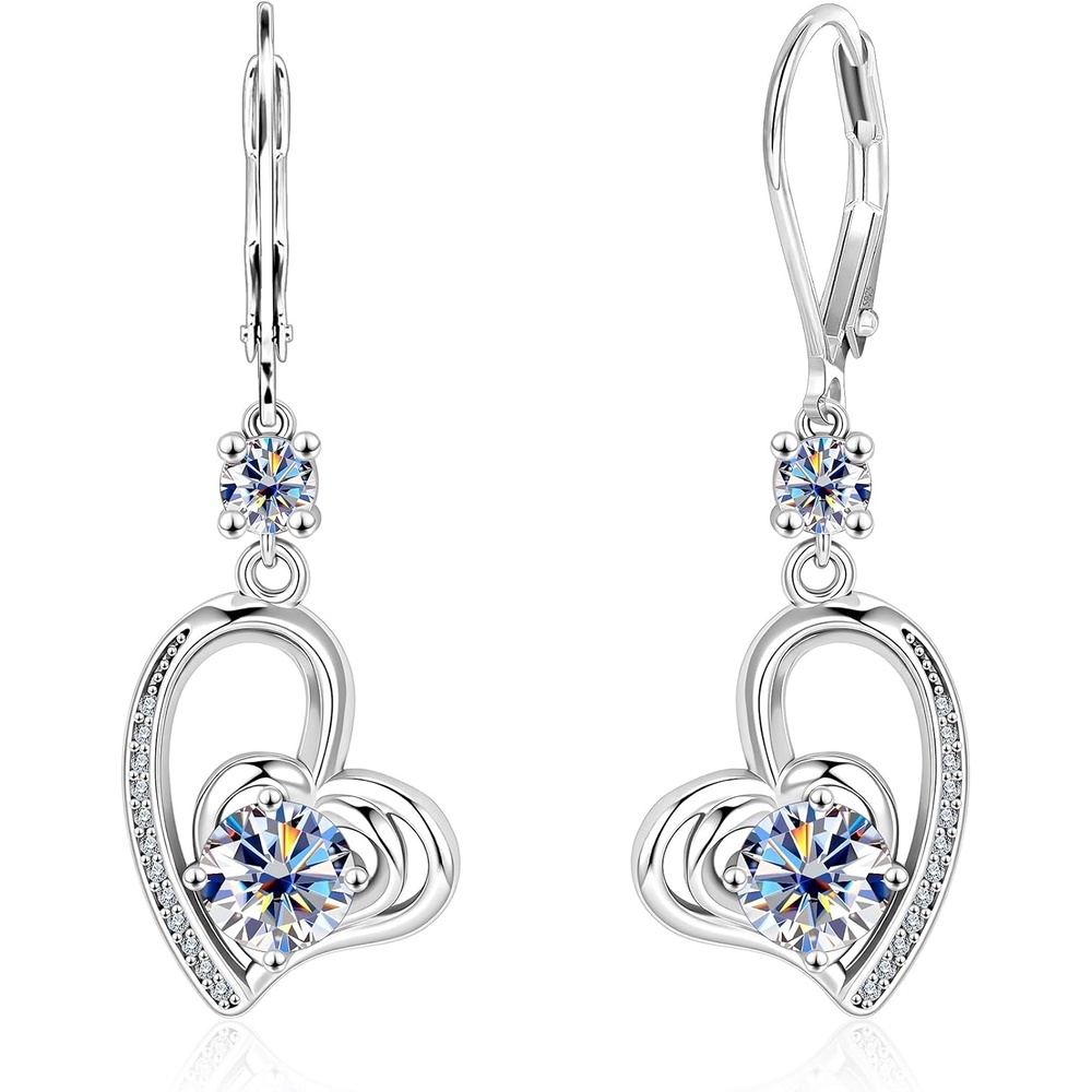 2ct Monissanite Earrings for Women D Color Lab Created Gold Heart Dangle Monissanite Drop Earrings Hypoallergenic French Leverback(Silver-1ct x 2)