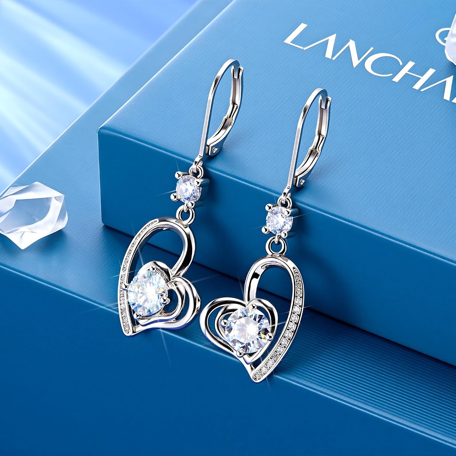 2ct Monissanite Earrings for Women D Color Lab Created Gold Heart Dangle Monissanite Drop Earrings Hypoallergenic French Leverback(Silver-1ct x 2)