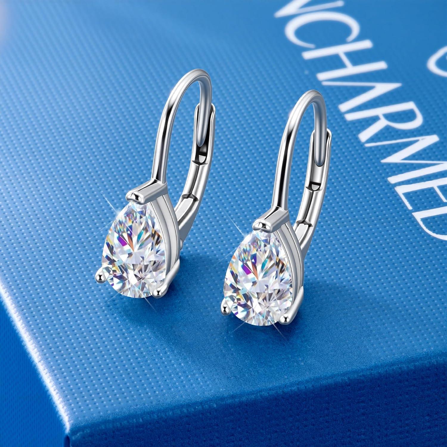 Teardrop Moissanite Earrings for Women, 14K Gold 925 Sterling Silver Hoop Earringsgs 2.0ct (1.0ct*2) D Color Round Cut Lab Created Moissanite Heart Diamond Hoops Earring for Women Jewelry Gifts in Box(Silver 1 carat * 2)