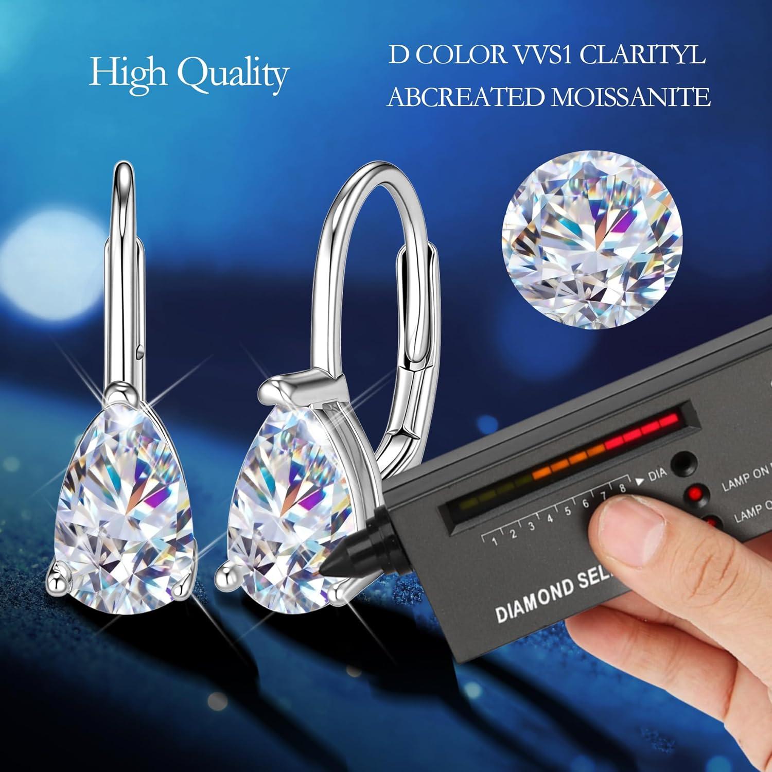 Teardrop Moissanite Earrings for Women, 14K Gold 925 Sterling Silver Hoop Earringsgs 2.0ct (1.0ct*2) D Color Round Cut Lab Created Moissanite Heart Diamond Hoops Earring for Women Jewelry Gifts in Box(Silver 1 carat * 2)