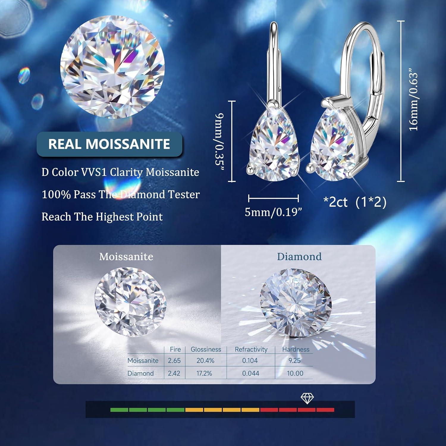 Teardrop Moissanite Earrings for Women, 14K Gold 925 Sterling Silver Hoop Earringsgs 2.0ct (1.0ct*2) D Color Round Cut Lab Created Moissanite Heart Diamond Hoops Earring for Women Jewelry Gifts in Box(Silver 1 carat * 2)