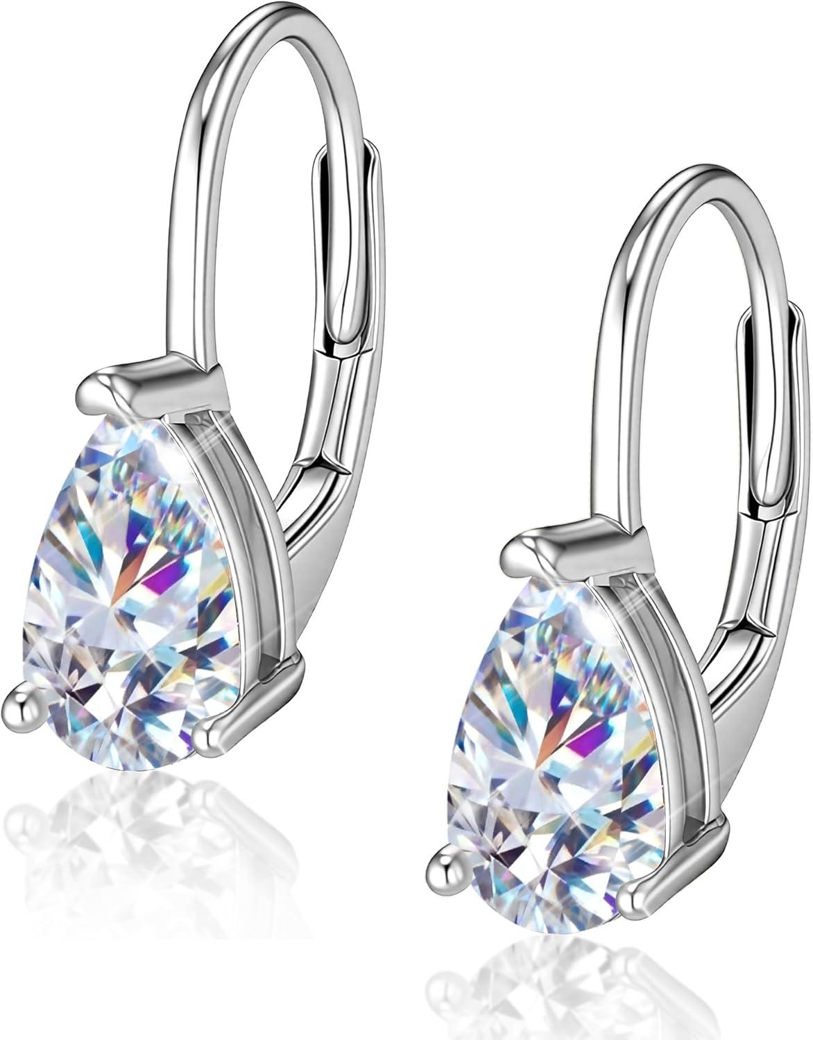 Teardrop Moissanite Earrings for Women, 14K Gold 925 Sterling Silver Hoop Earringsgs 2.0ct (1.0ct*2) D Color Round Cut Lab Created Moissanite Heart Diamond Hoops Earring for Women Jewelry Gifts in Box(Silver 1 carat * 2)