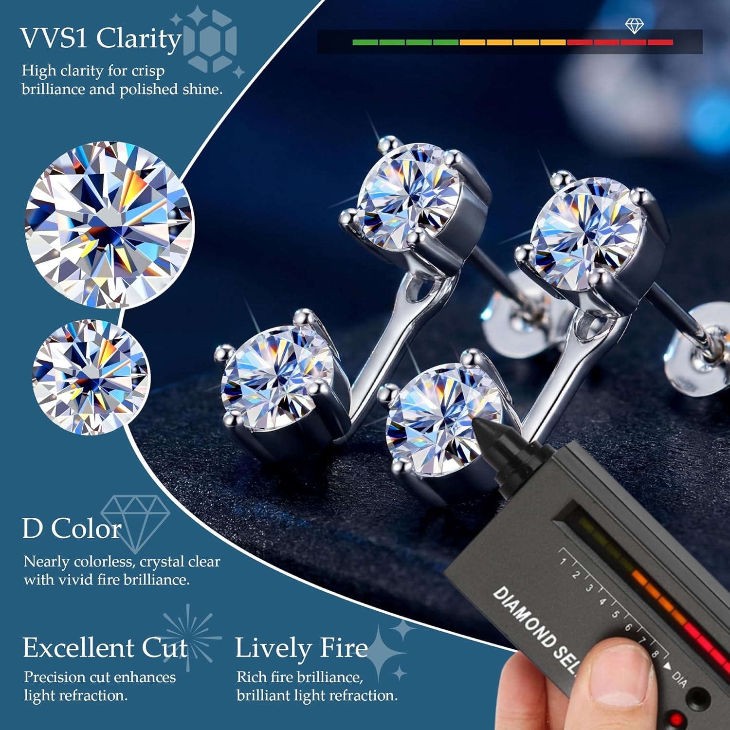 Moissanite Earrings Jacket for Women,925 Sterling Silver Diamond Stud Earrings Hypoallergenic 14k Gold Moissanite Earring Jackets for Studs Jewelry Gifts Lab Created Diamonds D Color VVS1(SilverB -2.0ct (0.5*4))