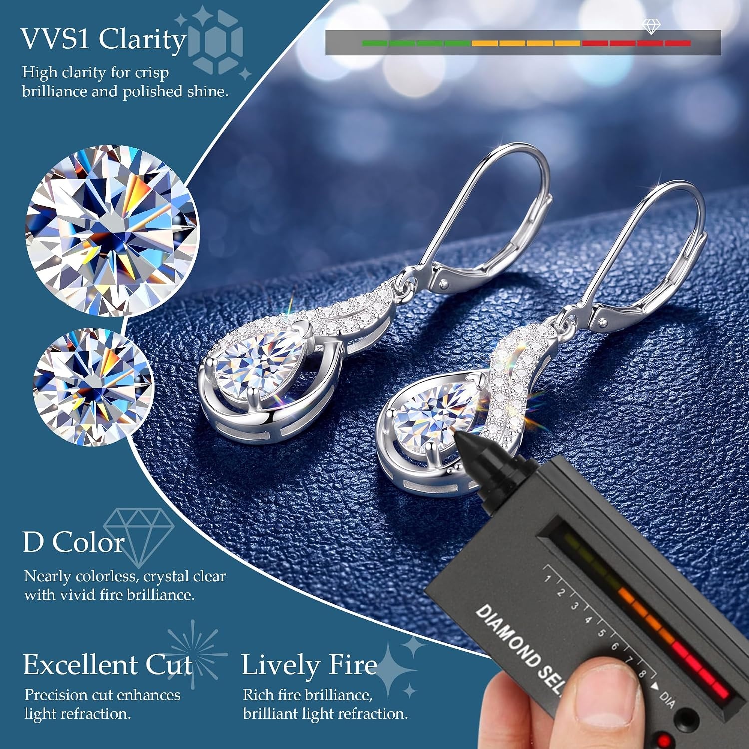 Gold Teardrop 2ct Moissanite Diamond Dangle Earrings for Women Jewelry | vvs moissanite leverback hypoallergenic D color pear cut lab grown created diamond dangly dangling trendy jewelry gifts(Silver 2.0ct(1ct*2))