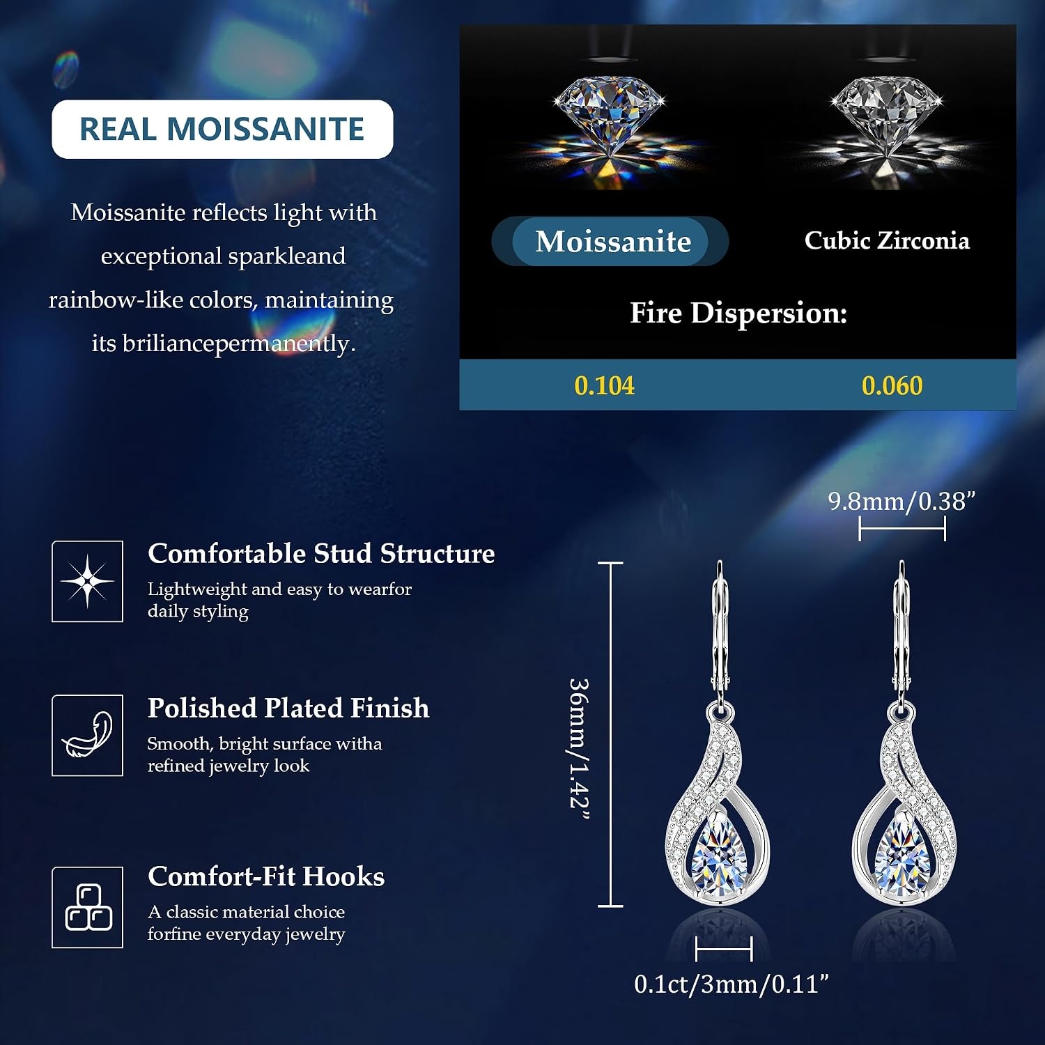 Gold Teardrop 2ct Moissanite Diamond Dangle Earrings for Women Jewelry | vvs moissanite leverback hypoallergenic D color pear cut lab grown created diamond dangly dangling trendy jewelry gifts(Silver 2.0ct(1ct*2))