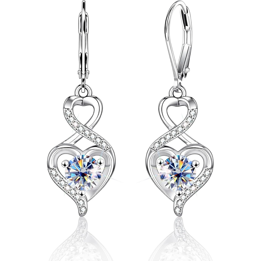 Heart Moissanite Earrings for Women, Silver 14K Gold Plated Dangle Infinity Love Earrings 2.0ct D Color Round Cut Lab Created Moissanite Heart Shape Diamond Dangle Drops Earring for Women Jewelry Gifts in Box(Silver 1 carat * 2)