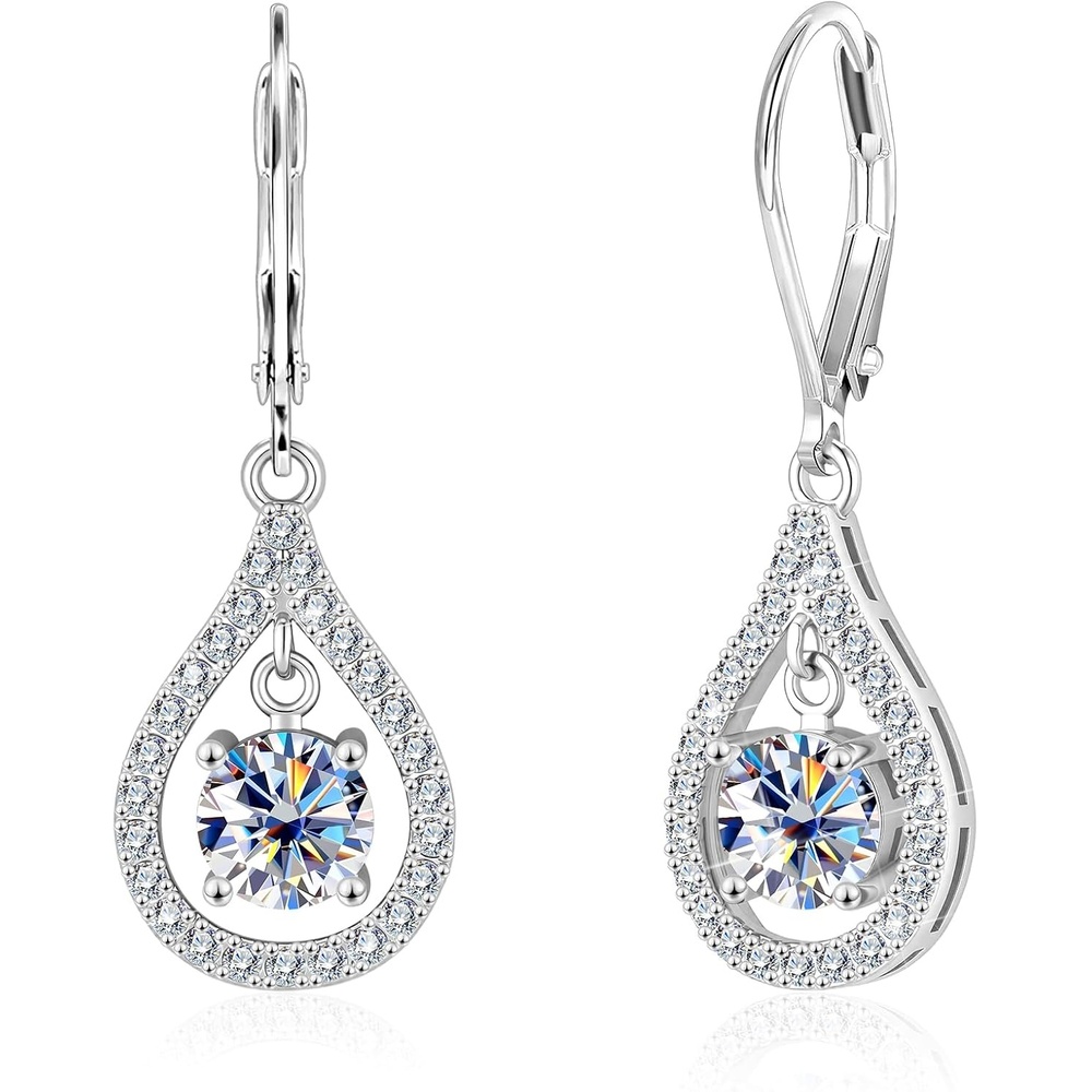 Moissanite Dangle Earrings Teardrop Leverback Drop Earrings for Women 2ct(Silver 2.0ct(1ct*2))