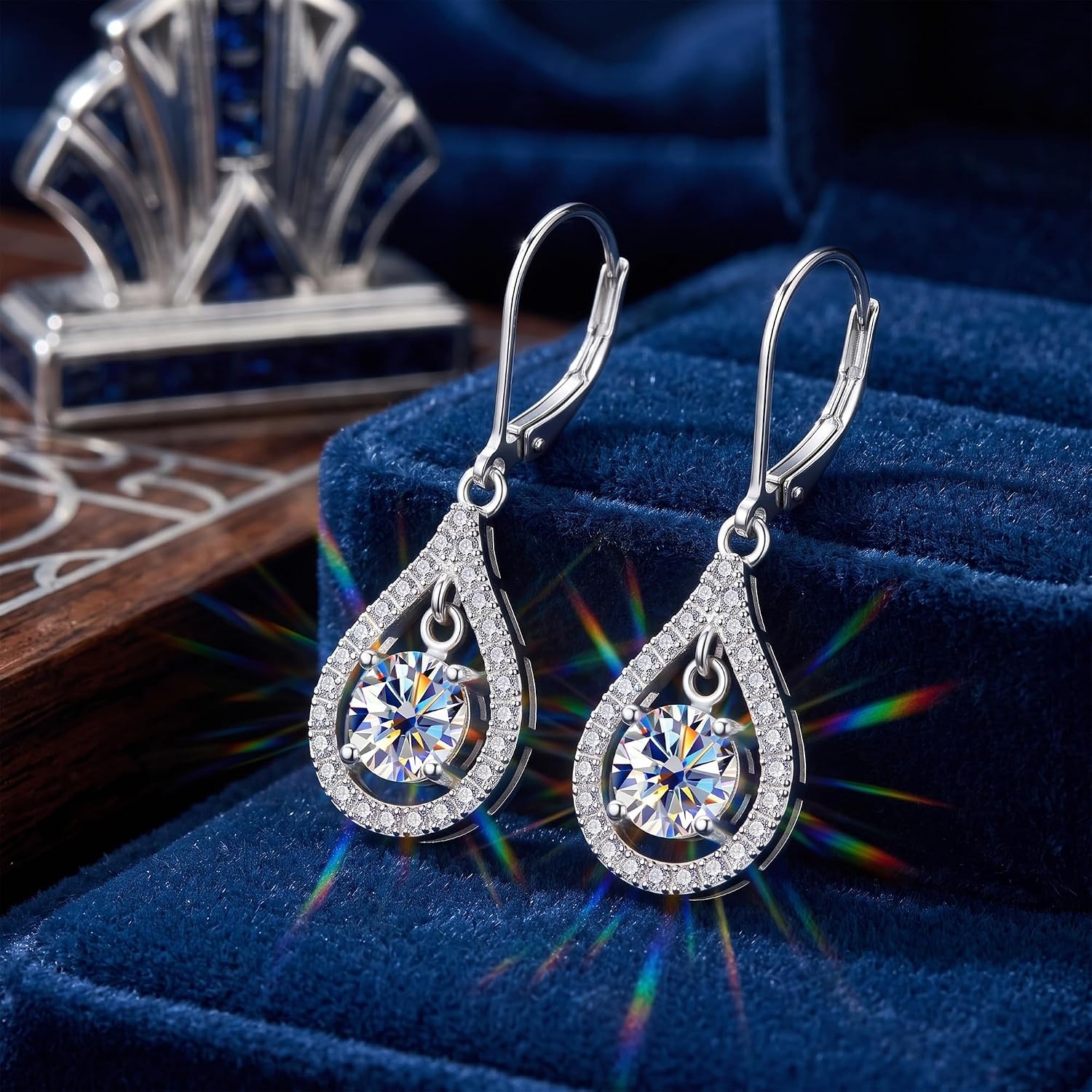 Moissanite Dangle Earrings Teardrop Leverback Drop Earrings for Women 2ct(Silver 2.0ct(1ct*2))
