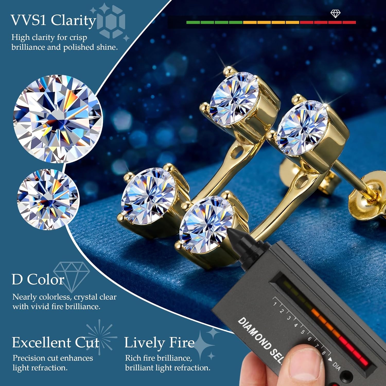 Moissanite Earrings Jacket for Women,925 Sterling Silver Diamond Stud Earrings Hypoallergenic 14k Gold Moissanite Earring Jackets for Studs Jewelry Gifts Lab Created Diamonds D Color VVS1(Gold B-2.0ct (0.5*4))