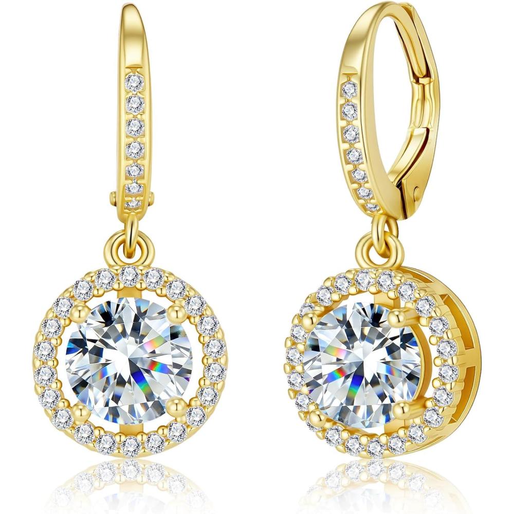 Moissanite Earrings, Hypoallergenic 925 Sterling Silver Dangle Earrings 2.0ct (1.0ct*2) Round Cut Lab Created D Color Moissanite Gold Hoop Drop Earring for Women(Gold-A)