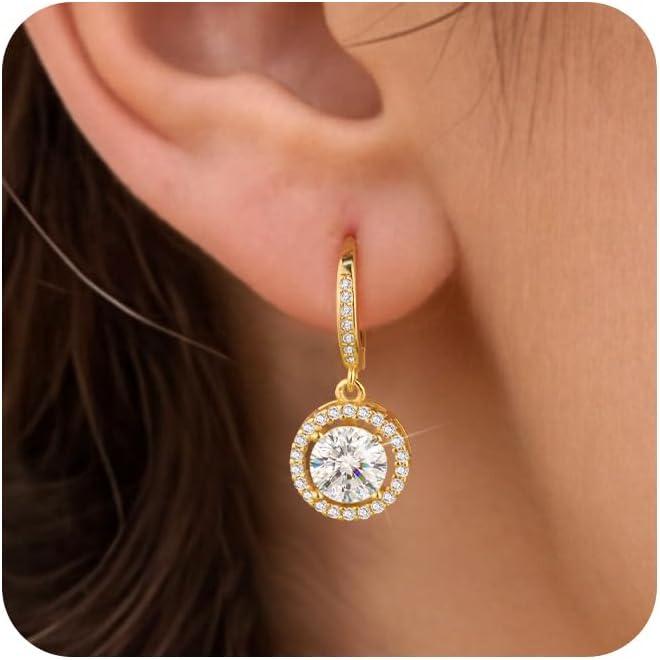Moissanite Earrings, Hypoallergenic 925 Sterling Silver Dangle Earrings 2.0ct (1.0ct*2) Round Cut Lab Created D Color Moissanite Gold Hoop Drop Earring for Women(Gold-A)
