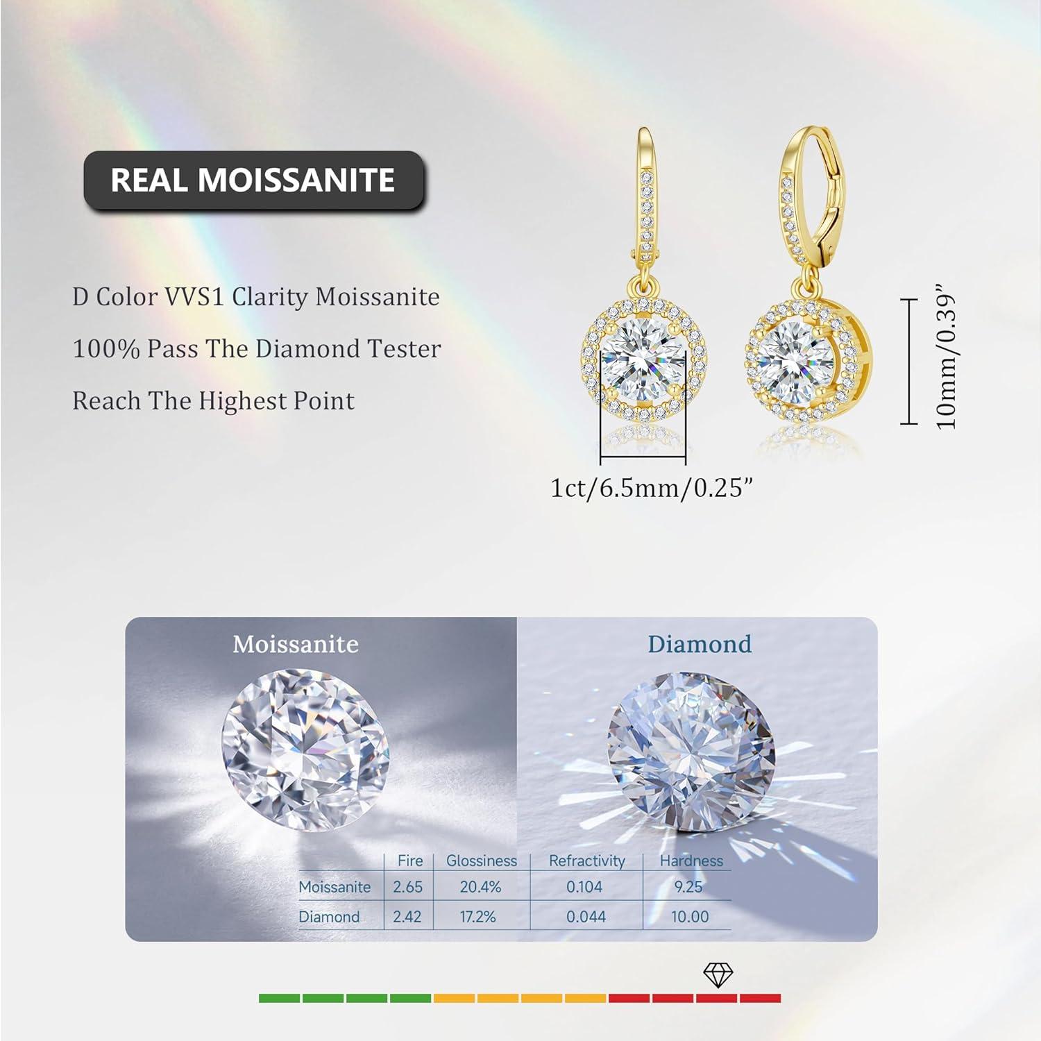 Moissanite Earrings, Hypoallergenic 925 Sterling Silver Dangle Earrings 2.0ct (1.0ct*2) Round Cut Lab Created D Color Moissanite Gold Hoop Drop Earring for Women(Gold-A)