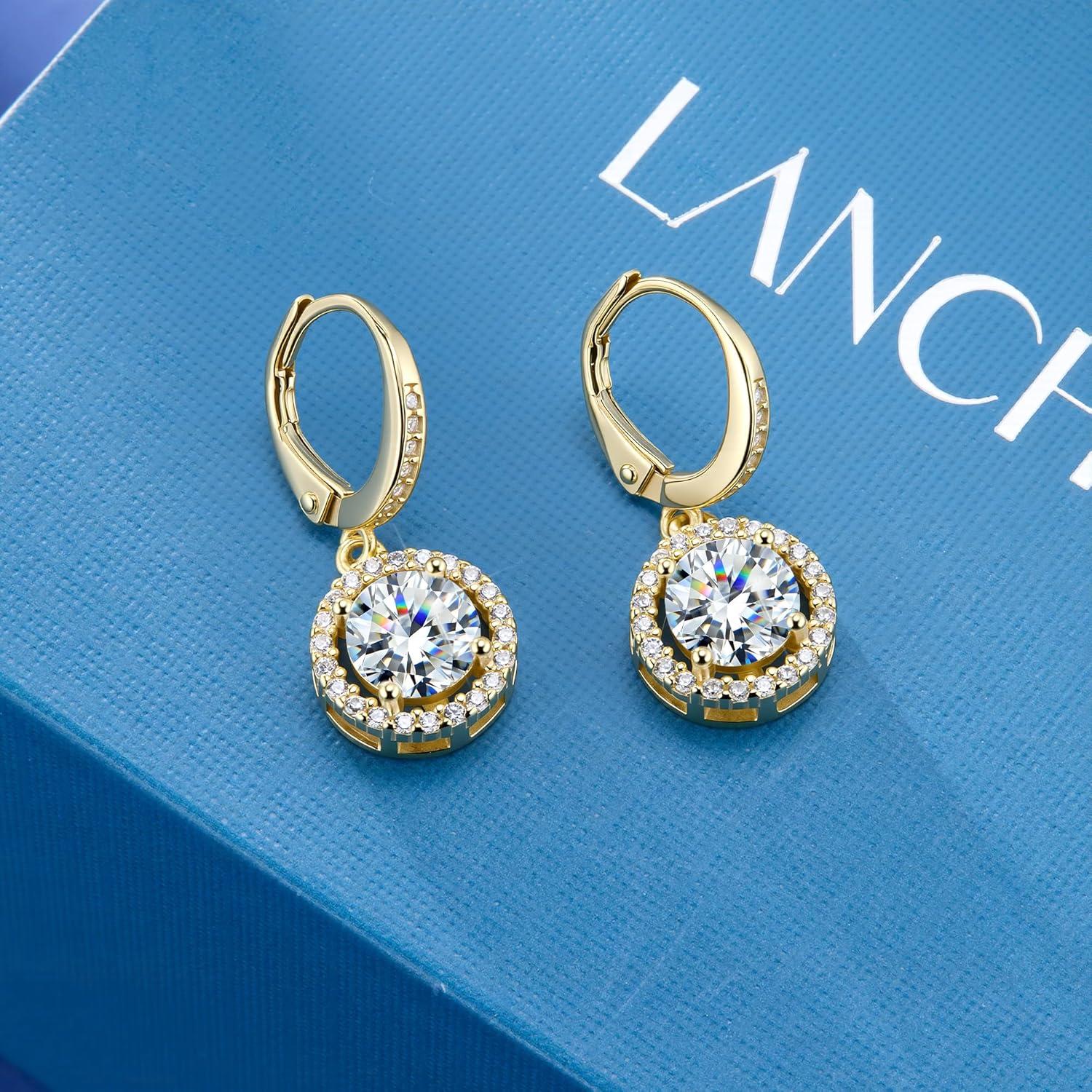Moissanite Earrings, Hypoallergenic 925 Sterling Silver Dangle Earrings 2.0ct (1.0ct*2) Round Cut Lab Created D Color Moissanite Gold Hoop Drop Earring for Women(Gold-A)