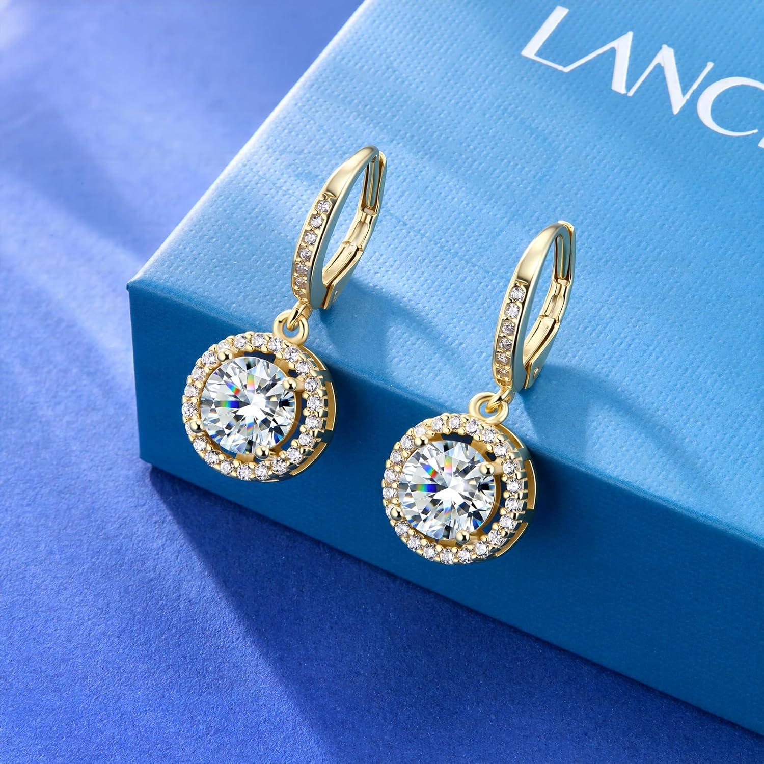 Moissanite Earrings, Hypoallergenic 925 Sterling Silver Dangle Earrings 2.0ct (1.0ct*2) Round Cut Lab Created D Color Moissanite Gold Hoop Drop Earring for Women(Gold-A)