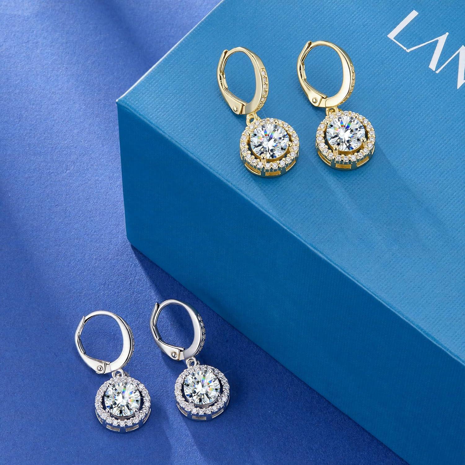 Moissanite Earrings, Hypoallergenic 925 Sterling Silver Dangle Earrings 2.0ct (1.0ct*2) Round Cut Lab Created D Color Moissanite Gold Hoop Drop Earring for Women(Gold-A)