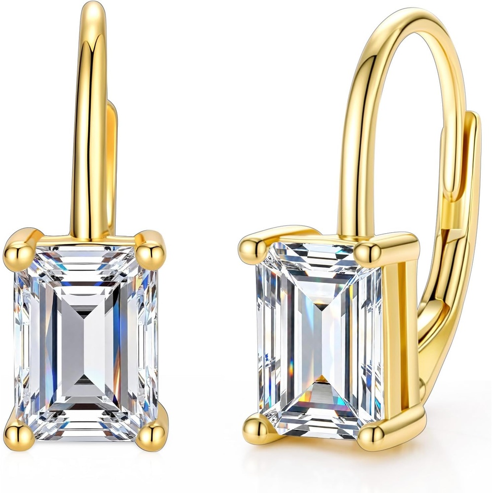 Moissanite Drop Earrings Emerald Cut Dangle Leverback Earring for Women 2ct(Gold 2.0ct (1.0ct*2)-7mm*5mm)