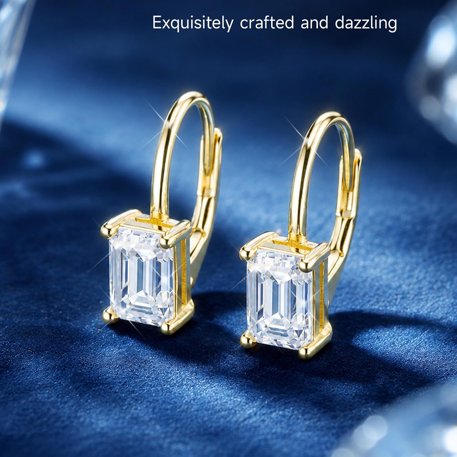 Moissanite Drop Earrings Emerald Cut Dangle Leverback Earring for Women 2ct(Gold 2.0ct (1.0ct*2)-7mm*5mm)