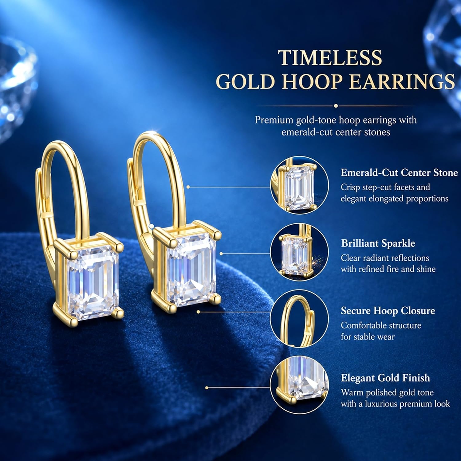 Moissanite Drop Earrings Emerald Cut Dangle Leverback Earring for Women 2ct(Gold 2.0ct (1.0ct*2)-7mm*5mm)