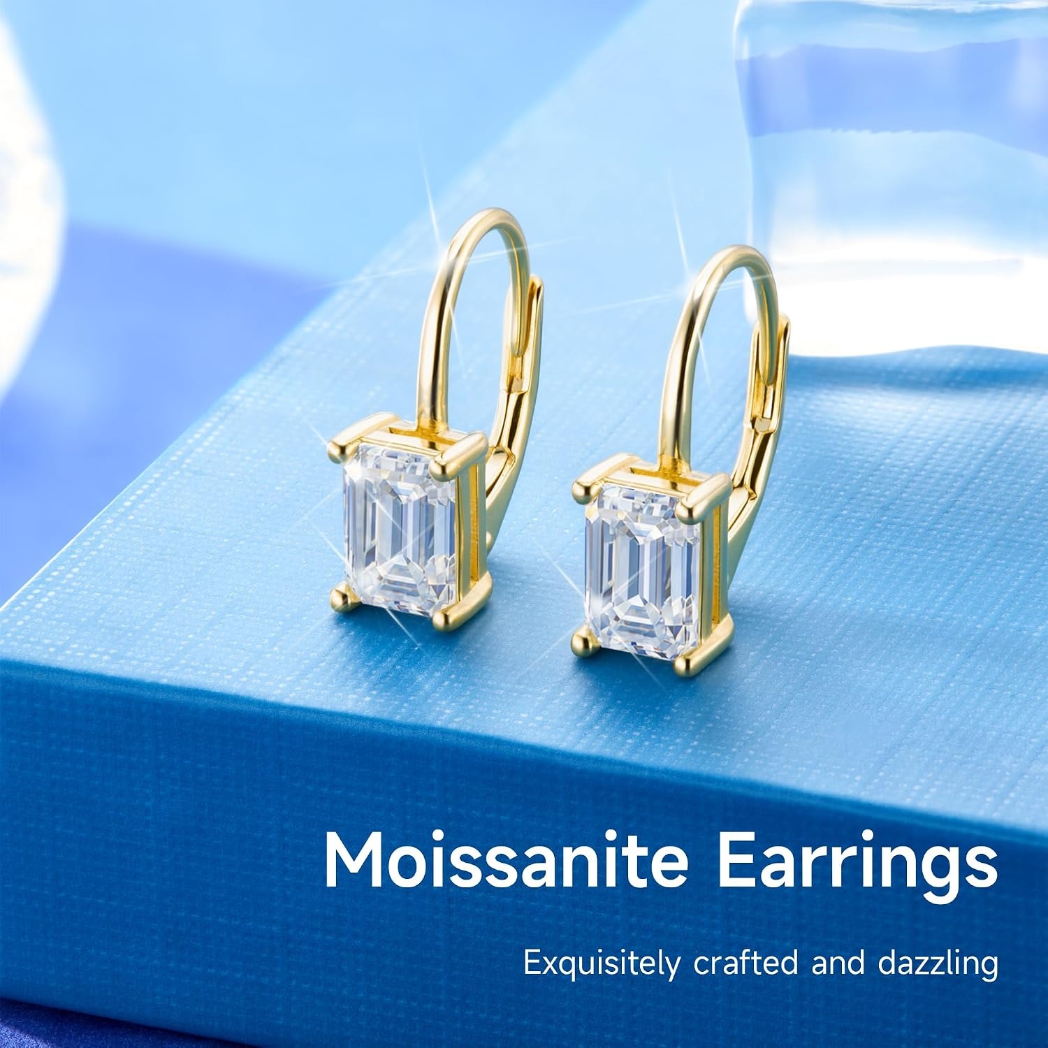 Moissanite Drop Earrings Emerald Cut Dangle Leverback Earring for Women 2ct(Gold 2.0ct (1.0ct*2)-7mm*5mm)
