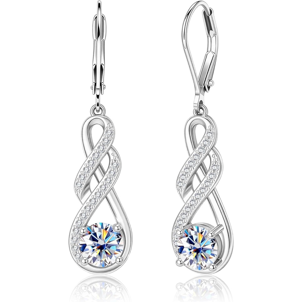 Moissanite Dangle Earrings, Silver Infinity Drop Earrings for Women, 14K Gold Plated Hypoallergenic Leverback Earring, 2ct D Color VVS1 Round Cut Lab Created Diamond Dangling Jewelry Gifts(2.0ct 1 pair (1.0ct*2)-6.5mm-silver)
