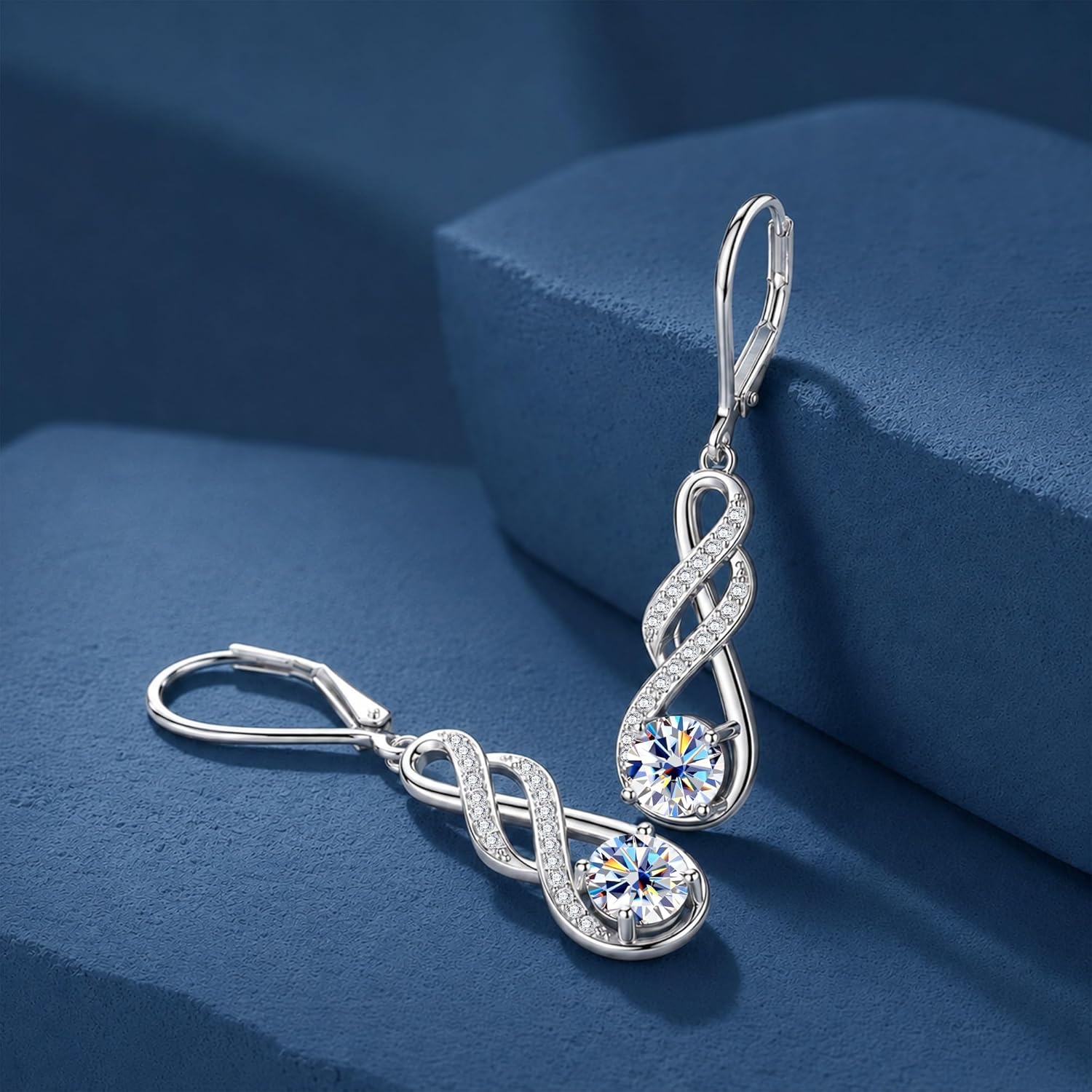Moissanite Dangle Earrings, Silver Infinity Drop Earrings for Women, 14K Gold Plated Hypoallergenic Leverback Earring, 2ct D Color VVS1 Round Cut Lab Created Diamond Dangling Jewelry Gifts(2.0ct 1 pair (1.0ct*2)-6.5mm-silver)