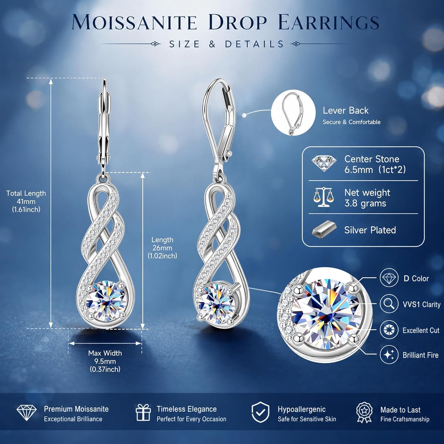 Moissanite Dangle Earrings, Silver Infinity Drop Earrings for Women, 14K Gold Plated Hypoallergenic Leverback Earring, 2ct D Color VVS1 Round Cut Lab Created Diamond Dangling Jewelry Gifts(2.0ct 1 pair (1.0ct*2)-6.5mm-silver)