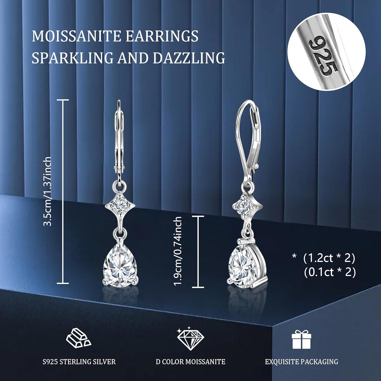 1.2ct Monissanite Dangle Earrings for Women D Color Lab Created Moissanite Teardrop Dangle Drop Earrings Hypoallergenic French Leverback Earings