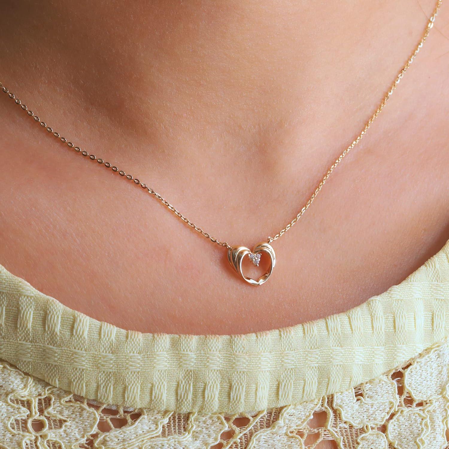 LANCHARMED Solid 14K Yellow Gold Heart Pendant Necklace for Women Dainty Small AAAAA CZ Heart Necklace for Her