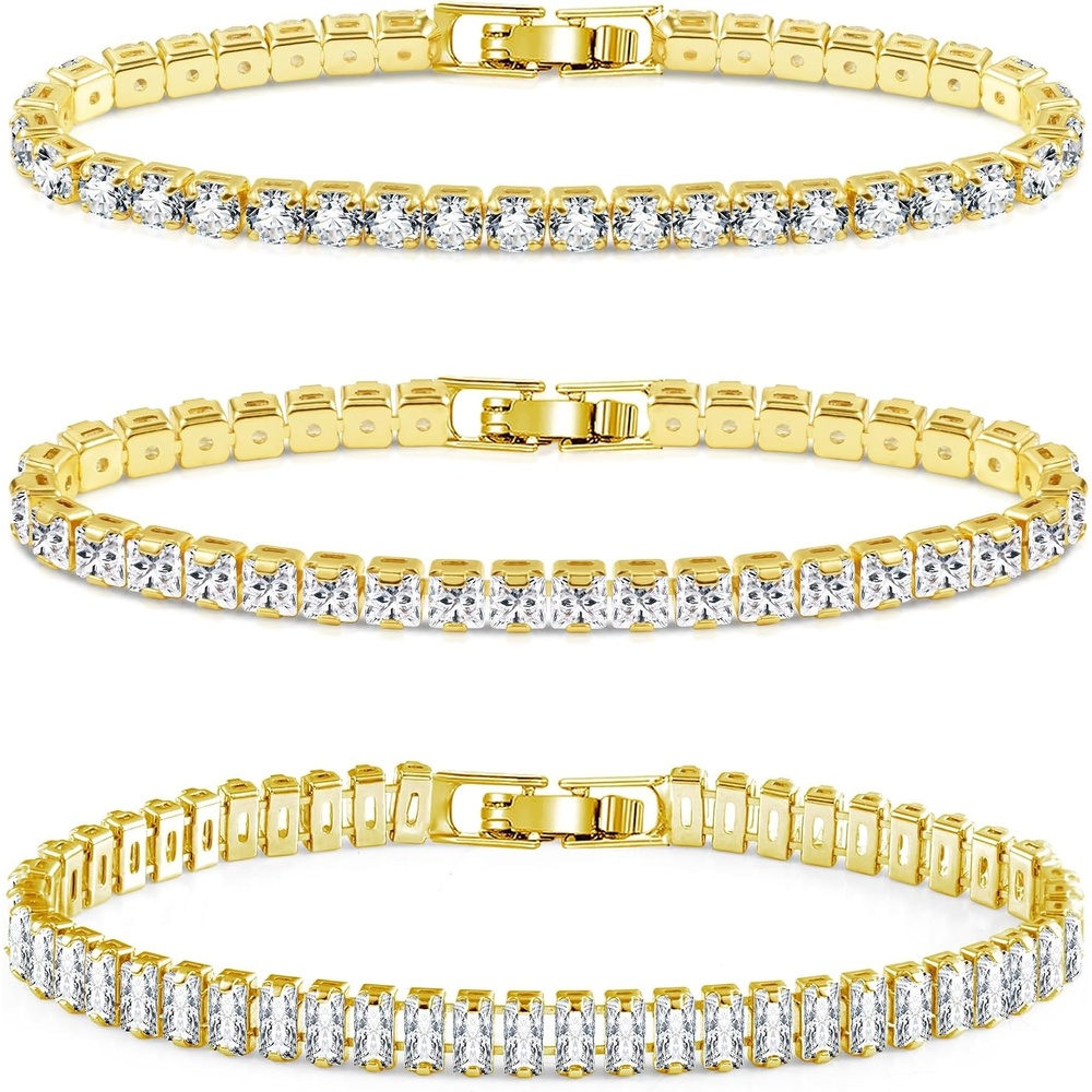 Silver Tennis Bracelets Set for Women 3Pcs Adjustable Tennis Bracelet(Gold)