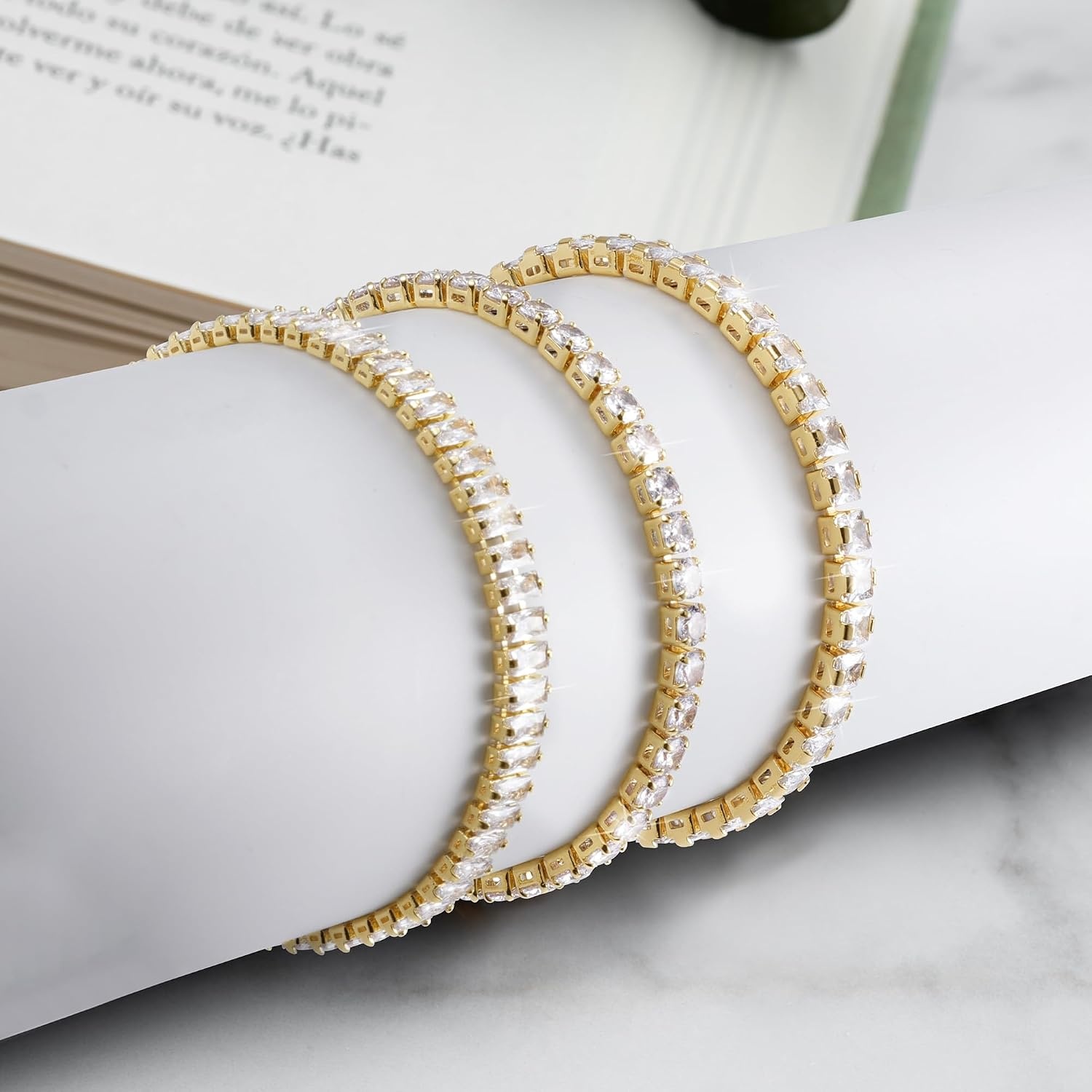 Silver Tennis Bracelets Set for Women 3Pcs Adjustable Tennis Bracelet(Gold)