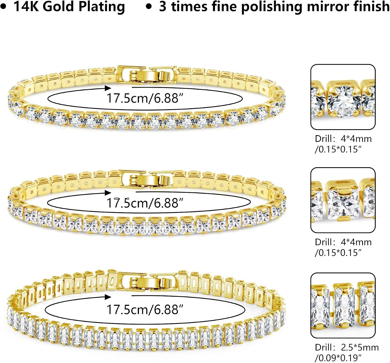 Silver Tennis Bracelets Set for Women 3Pcs Adjustable Tennis Bracelet(Gold)